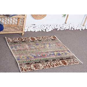 Alfombra de Tapicería Tradicional Vintage Beige con Diseño de Patchwork, 2,9 x 3,1 pies, Hecha a Mano, Rectangular, de Lana Ecológica, Pelo Medio, Alta Calidad - Product Image 3