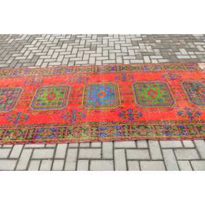 4.1x11.5 ft Rug, Vintage Turkish Rug, <b>Red</b> <b>Wool</b> Rug - Product Image 3