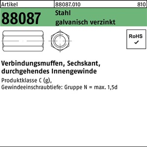 Manchon de connexion hexagonal R 88087 M10x40 SW13 Acier galvanisé zinc 100 pièces - Product Image 1
