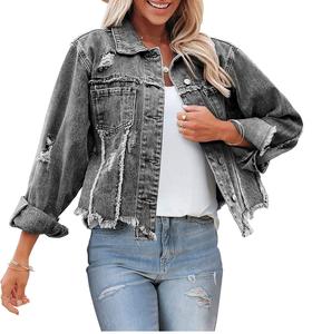 Veste extensible déchirée en denim vintage gris délavé pour femmes en détresse personnalisée Jeans Vestes matelassées d'hiver à boutons simples - Product Image 1