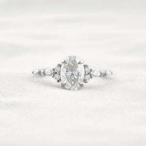 925 Silver Elegant Chic Oval Cut Moissanite Diamond Engagement <b>Ring</b> with Side Accent Chic Wedding <b>Band</b> - Product Image 1