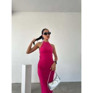 เดรสผ้าซานดี้ระบายอากาศดี คอแบบผูกเชือก ด้านหลังมีเชือกผูก ดีไซน์จับจีบ - Product Image 1