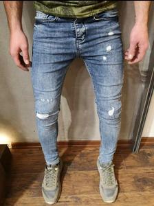 กางเกงยีนส์ทรงตรงสำหรับผู้ชายทรงตรงสีฟ้าผ้ายีนส์ทรงสลิมฟิตซักได้ตามต้องการ - Product Image 2