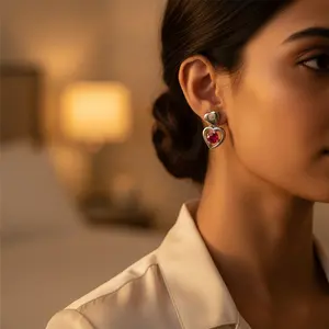 Boucles d'oreilles tendance en argent avec cœur en rubis pour femmes, plaquées rhodium avec zircon, perle, diamant, cadeau religieux pour fête, bijoux - Product Image 2