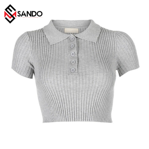 Polo de punto acanalado con logotipo personalizado para mujer, camisetas cortas de manga corta OEM, de alta calidad - Product Image 5
