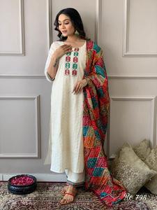 <b>Women</b> Summer Fashion <b>3</b> <b>Piece</b> <b>Suit</b> Pure Cotton Chikan Embroidery Work And Hand Work Top With Pant With Cotton Silk Dupatta - Product Image 3