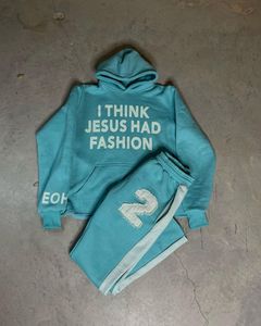 Sudadera con capucha y pantalones de chándal bordados desgastados con parche de Streetwear, conjunto de chándal unisex de gran tamaño - Product Image 5