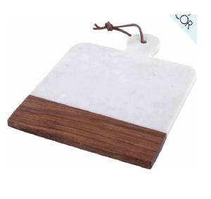 Planche à découper élégante en marbre et bois rectangulaire avec poignée en cuir Outil de cuisine durable de qualité supérieure pour la préparation et le service des aliments - Product Image 1