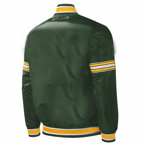Chaqueta universitaria de satén verde Abrigo de bombardero brillante para hombre Estilo de béisbol retro Ropa de calle Prendas de abrigo con detalles de rayas amarillas y blancas - Product Image 6