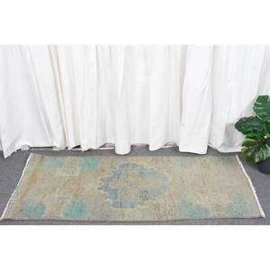 Tapis Vintage en Laine Bleu Beige 1.5 X 3.8ft Turc Classique Grande Surface Abstraite Rectangle Motif Latex pour Couloir Chambre Décor - Product Image 2