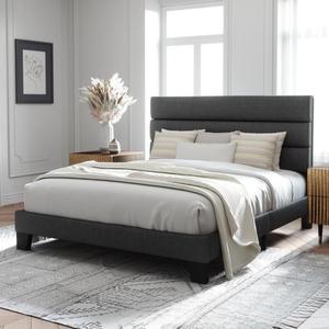 Base de <span class=keywords><strong>Cama</strong></span> Tapizada Resistente y Silenciosa, Estilo Minimalista, Lino Gris, Fácil de Montar, Embalaje Plano, Muebles para Dropshipping - Product Image 4