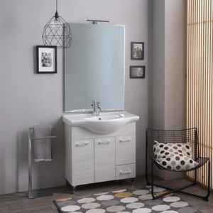 Mueble de Baño de Roble Blanco de 85 cm con Espejo y Lámpara Ravenna, Conjuntos de Baño Elegantes - Product Image 1