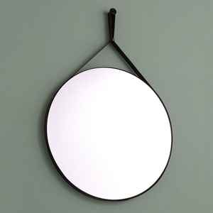 Round Design Bathroom <b>Mirror</b> with Stylish Black <b>Leather</b> <b>Strap</b> Frame - Product Image 1