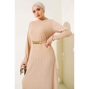 Robe en velours côtelé ceinturée à chaîne Beige - Product Image 1