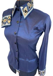 Chemise de spectacle rétro personnalisée Western Pleasure Blue Chemise de rail de reine de rodéo pour vêtements d'équitation pour femmes - Product Image 3