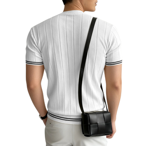 Mens Vertical Stripe Knit Short Sleeve Crew Neck Casual <b>Summer</b> <b>Shirt</b> Soft Comfortable Breathable Slim Fit Lightweight Quick Dry - Product Image 2