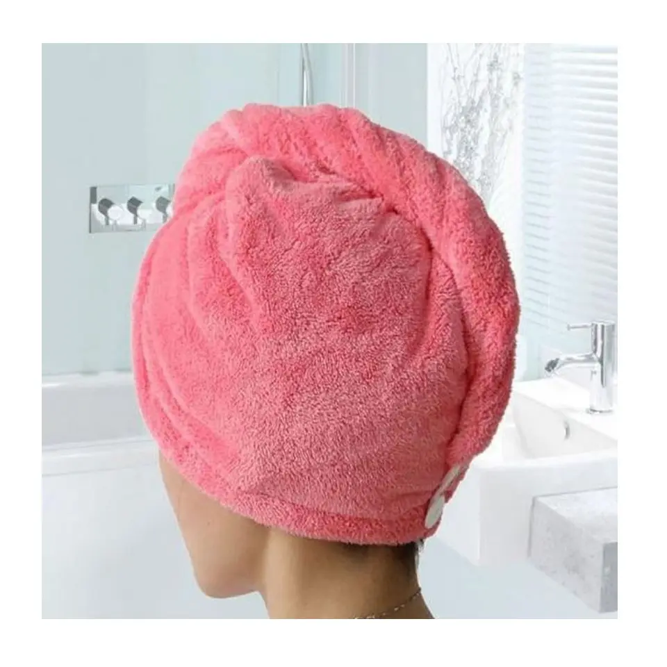 Nuovo Design in microfibra asciugamano per capelli in ordito per capelli asciugamano per parrucchiere con pulsante fornitore di Bangladeshi