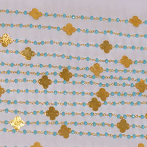 Chaîne de chapelet plaqué or avec perles turquoises et suiveur de feuilles, chaîne de perles de fil de perles Rondelle pour la fabrication de bracelets de bijoux - Product Image 6