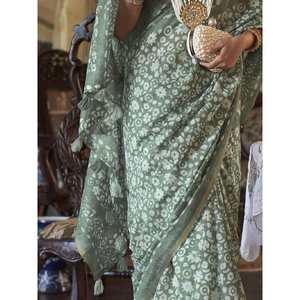 Sari de Algodón con Estampado Floral Verde, Diseño Contemporáneo para Mujer - Product Image 3