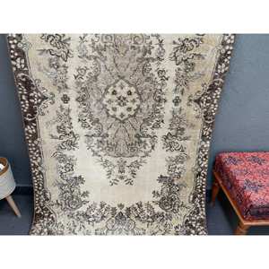 Turkish Rug, 3.8x7 ft Vintage Rug, <b>Brown</b> Beige Striped <b>Wool</b> Rug - Product Image 2