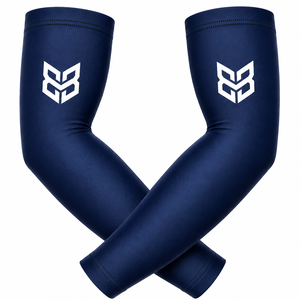 Manchons de bras unisexes bleu marine avec logo blanc, anti-UV, compression, équipement de cyclisme, en spandex et polyester pour adulte - Product Image 1