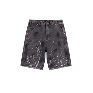 Pantalones cortos de chándal personalizados de verano para hombre, ropa de calle informal con lavado ácido y estampado de diamantes de imitación de algodón crudo - Product Image 2