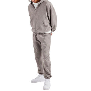 High Quality Winter Woven <b>Oversized</b> Boxy Pocket Washed Hooded Elastic Hem Zip up Rhinestone Cross <b>Jogger</b> Man Tracksuit Set - Product Image 2