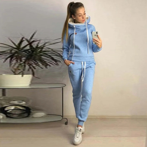 Women's Fashion Sportswear 2-<b>Pc</b> <b>Set</b> Casual Solid Hooded Long Sleeve Tops & Pants for Autumn Running Winter Sports-Logo Featured - Product Image 1