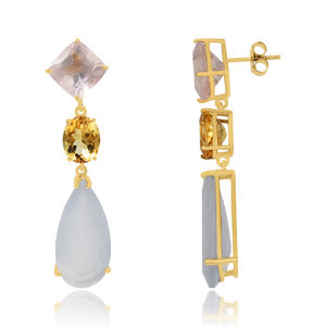Pendientes chapados en oro de diseñador para niñas, pendientes de gota de piedras preciosas de Calcedonia acuática de Plata de Ley 925 para mujer - Product Image 3