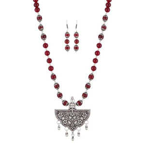 Urthn Maroon Beads <b>Necklace</b> Set Rhodium Plated Fine Jewelry <b>with</b> Zircon & Ruby for Wedding Party or Gift Pattern <b>Cross</b> - Product Image 1