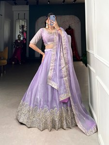 Tradicional Georgette Lehenga estampado elegante seda Dupatta algodón última fiesta paquistaní boda damas de honor con espejo de papel - Product Image 5