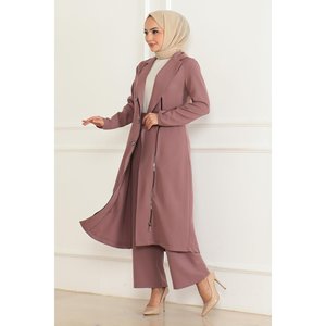 Ensemble décontracté rose poudré MSW19219-3 avec fermeture éclair, hauts à capuche à détails boutonnés, en tricot rayé uni, taille XL, longueur mi-cuisse, pour l'automne - Product Image 3