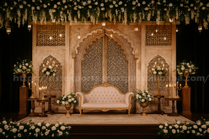 Décoration de scène de mariage traditionnelle sri-lankaise, configuration professionnelle, fibre blanche et or, classique, moderne, Manavarai Mandap, léger - Product Image 5