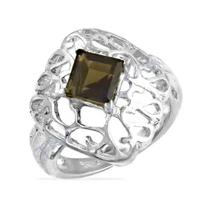 Anillo de cóctel vintage para mujer con gema de cuarzo ahumado natural, piedra cuadrada, plata de ley, diseño geométrico, engaste de bisel, a la moda - Product Image 1