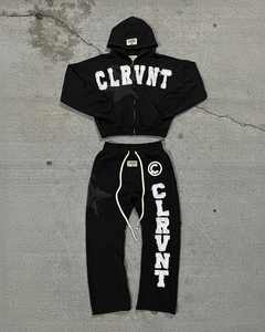 Conjunto de pantalones de chándal con capucha y cremallera con bordado desgastado personalizado, chándal de algodón lavado con ácido para hombre - Product Image 6