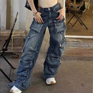 جينز نسائي كلاسيكي على طراز الشارع الشتوي ، كارجو ، ساقين واسعة مغسولة بالأسى - Product Image 4