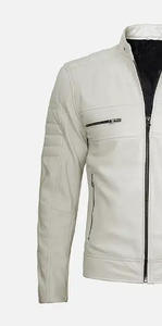 Veste de motard en cuir d'agneau véritable d'hiver pour hommes, décontractée, blanche, à col montant et fermeture à glissière, ODM Supply, couleur unie - Product Image 3