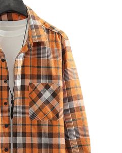 Camisa de franela a cuadros naranja y marrón personalizada para hombre, de manga larga, con botones, informal, de algodón, para uso diario en otoño e invierno. - Product Image 2