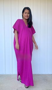 Robe Kaftan Bohème en Coton Double Gaze, Coupe Ample, Légère, Robe Longue d'Été avec Fente Latérale, Robe de Détente - Product Image 3