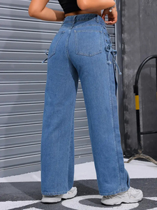Nouveautés Jeans en jean respirants à jambes larges pour femmes avec nœud Détail Pantalon en denim pour femme décontracté et non extensible d'automne - Product Image 2