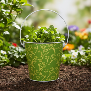 Maceta con Asa para Jardín | Maceta de Metal Galvanizado con Diseño Floral Verde, Decoración para Interiores y Exteriores, Hogar y Jardín, Regalo - Product Image 2