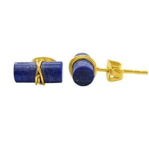 Natural Lapis Lazuli Tube <b>Stud</b> Earring Gold Plated Wire Wrapped Gemstone <b>Stud</b> Earring, Valentine Gift jewelry - Product Image 3