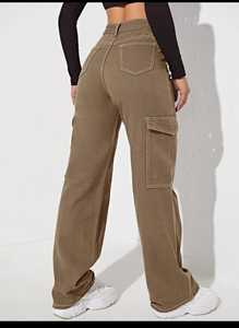 Pantalones vaqueros de pierna ancha rectos informales de cintura alta para mujer europeos al por mayor, ropa de calle lavada con bolsillos, Vaqueros marrones claros personalizados - Product Image 2