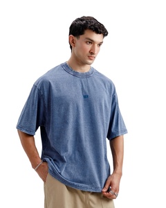 Camiseta de algodón Unisex 220 GSM 100%, ajuste de gran tamaño, azul lavado, serigrafía personalizada, logotipo frontal, patrón sólido de punto - Product Image 1
