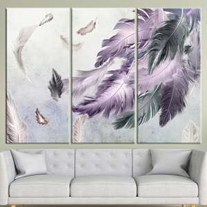 Décoration sur toile moderne à imprimé plumes violet et gris - Œuvre d'art aux tons doux, 3P : encadrée - Product Image 1