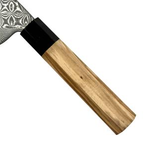 Couteau de chef professionnel en acier Damas, personnalisable OEM/ODM, manche en bois d'olivier et corne noire, ambidextre, compatible lave-vaisselle - Product Image 3