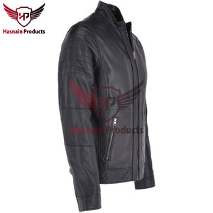 <b>Mens</b> Real <b>Black</b> Leather Biker Jacket Stand Collar Quilted Sleeve Sheepskin Coat Zip Front Pockets Slim Tailored Custom Outwear - Product Image 4
