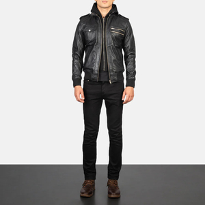 Men Leather Bomber <b>Jacket</b> Hooded Zip Up Biker <b>Jacket</b> Sleeve Zip Pocket Outerwear <b>Winter</b> Wear Men's Breathable Leather <b>Jacket</b> - Product Image 2