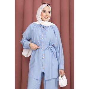 Conjunto de 2 Piezas Color Azul Bebé, Blusa con Cuello Fruncido y Decoración de Botones, y Pantalones, Atuendo Elegante para Ocasiones Especiales - Product Image 2