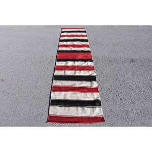 Alfombra clásica Kilim roja y negra de 2,2x8,7 pies, Alfombra de área de lana turca de gran tamaño, respaldo de látex, 10mm de espesor para decoración de habitación de pasillo - Product Image 1